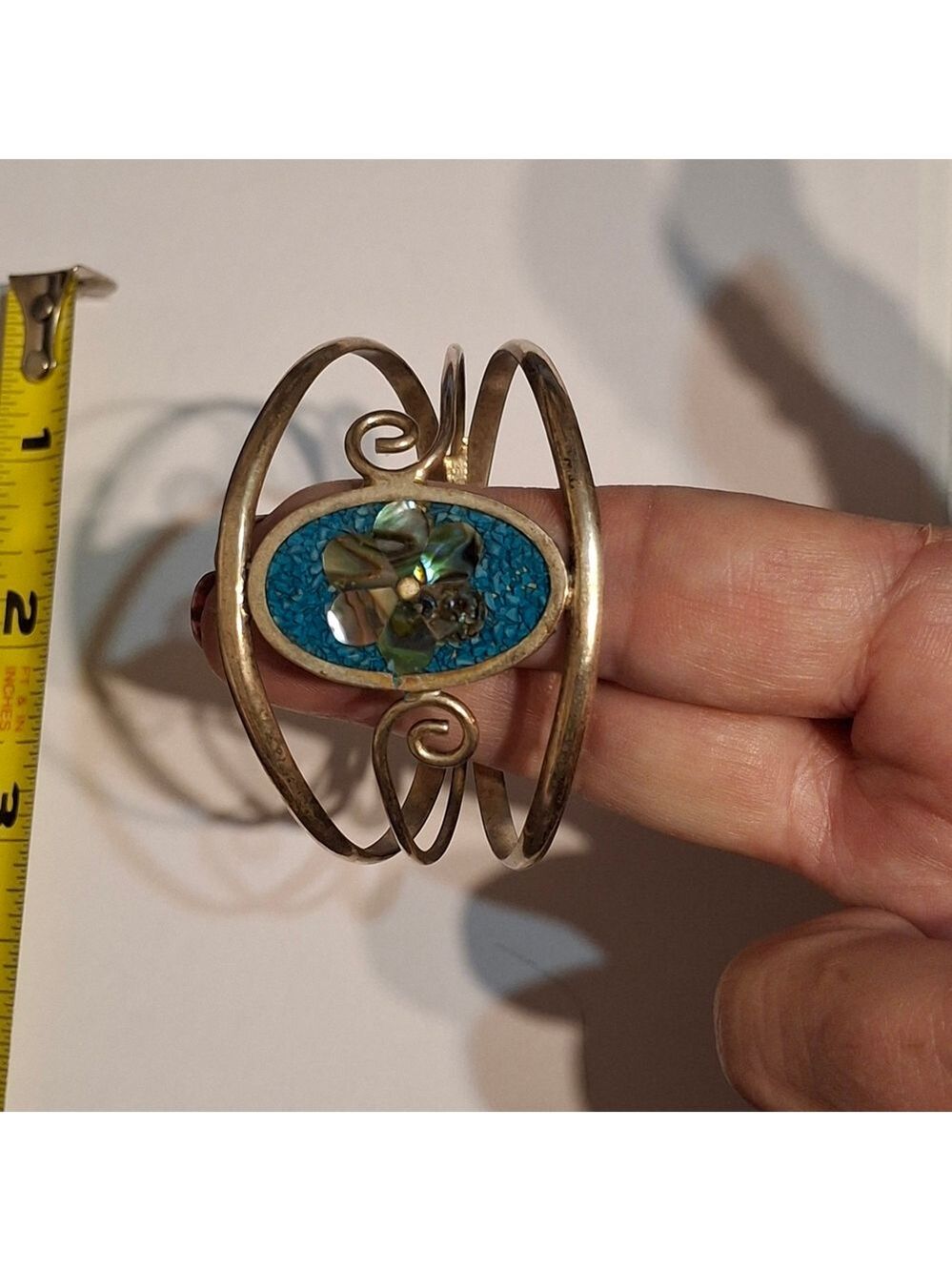 Open Cuff Bracelet Alpaca Silver with Teal Mosaic MOP Center
